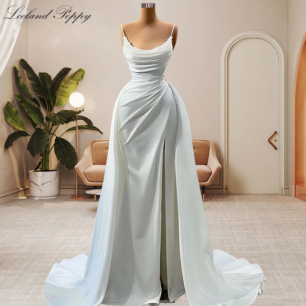 

Lceland Poppy Mermaid Satin Wedding Dresses Spaghetti Straps Pearls Beaded Sleeveless Slit Bridal Gowns with Detachable Train