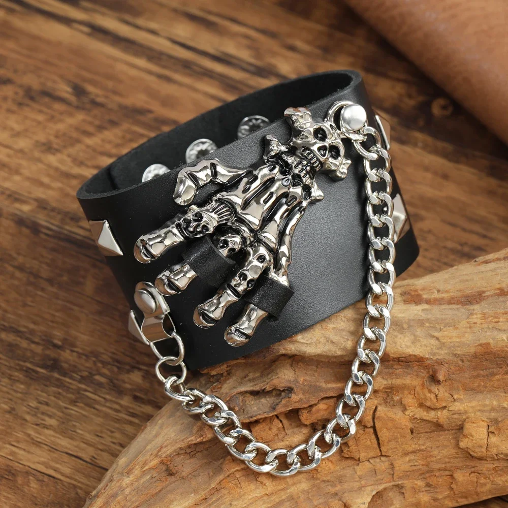 2024  Jewelry Handmade Weave Genuine Leather Skull Bracelet Men Vintage Cuff Wide Leather Rivet Bracelet Pulsera Hombre