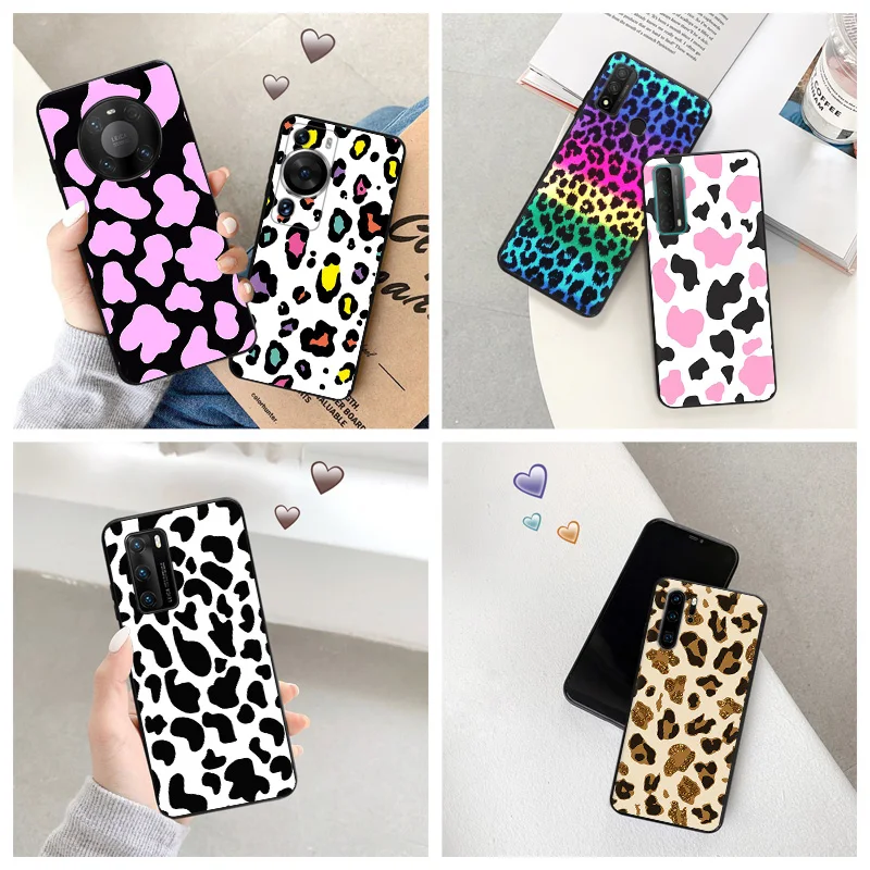 Silicone Black Phone Case for Motorola G200 5G G30 G31 One Fusion Leopard Cow Skin Print Huawei P40 P30 P20 PSmart iphone6 Cover