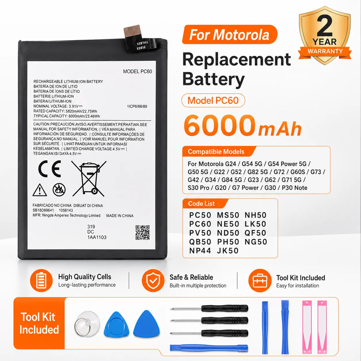 Replacement Battery For Motorola Moto G Series G24 G54 G7 Power G50 G23 G22 G52 G60S G20 G42 G34 G84 G62 G71 G73 P30 Note