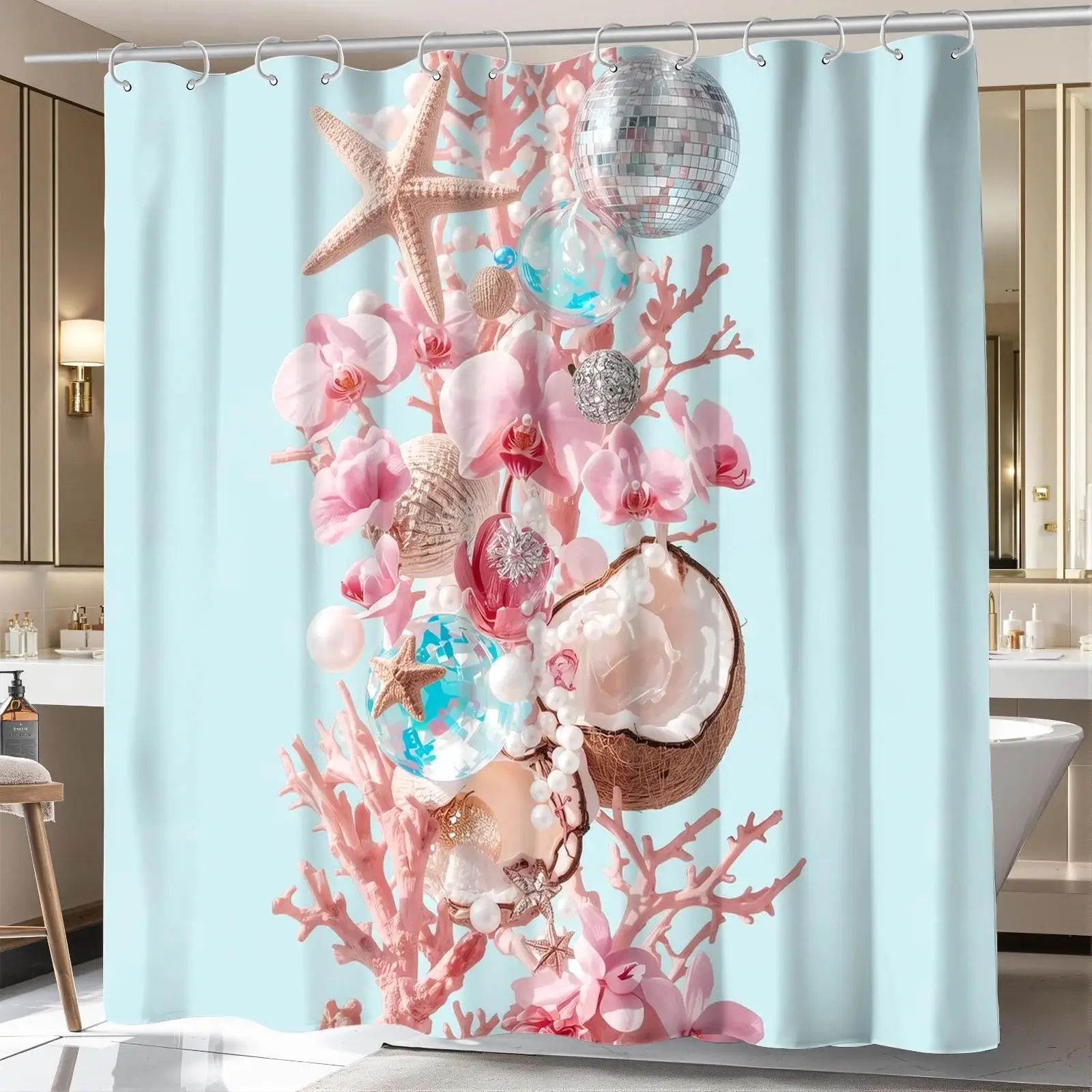 Boho Beach Ocean Decor Shower Curtain Pink Coral Starfish Seascape Bathroom Tapestry Waterproof Shower Curtain