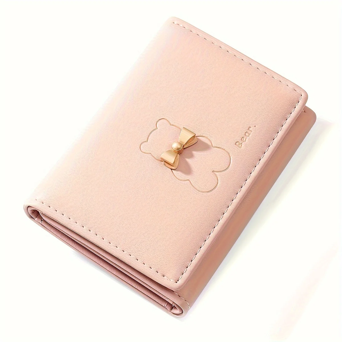 Kawaii Bear Pattern Mini Short Wallet, Trifold Coin Purse, Solid Color Credit Card Holder