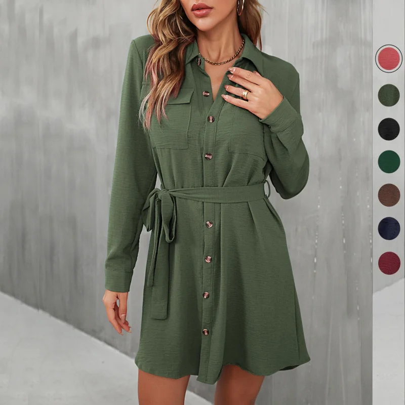 

New 2025 Spring Popular Cardigan Shirt Lapel Women's Lace-up Shirt Dress