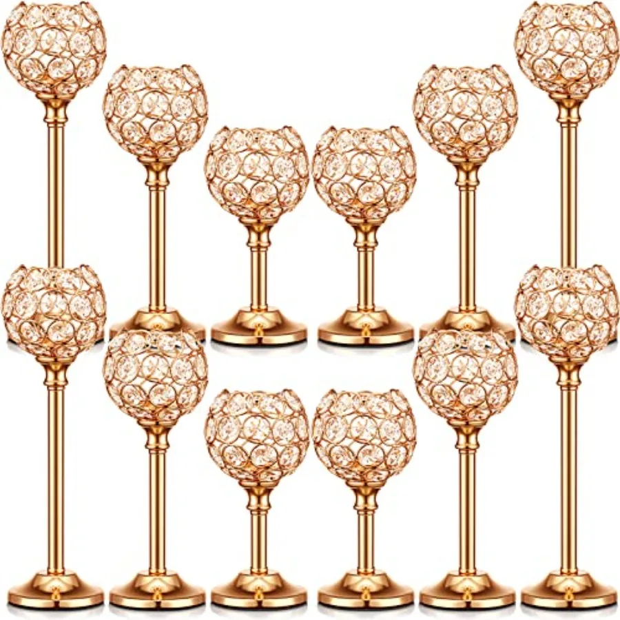 

12 Pack Crystal Candle Holders Gold or Silver Candle Holders Bulk Tealight Candlestick Crystal Candelabras for Wedding Party Va