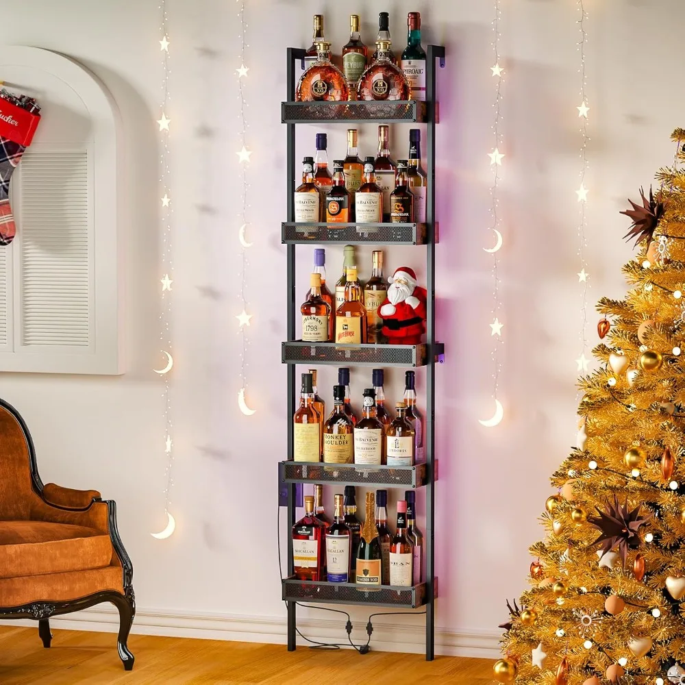 

Wine Rack with LED Lights, 5-Tier Freestanding Wine Bottle Holder for 50 Bottles, Wall Mounted Liquor Display Shelf for Kitchen