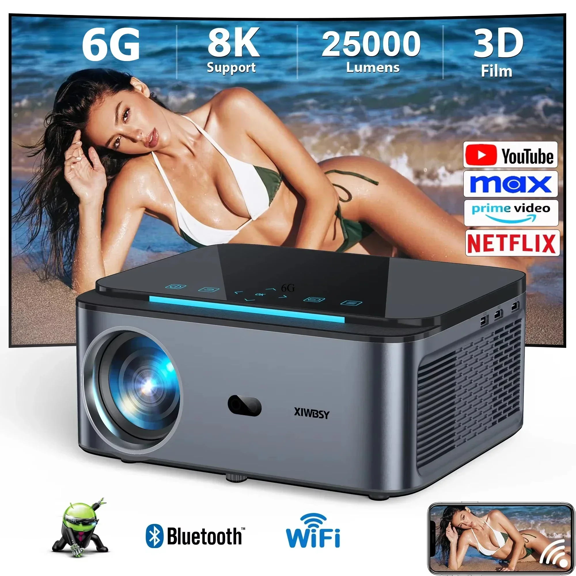 XIWBSY 25000 lumenów 4K Beamer Smart Android Wifi6 projektory z automatycznym ustawianiem ostrości 1080P Full HD projektor kina domowego wersja