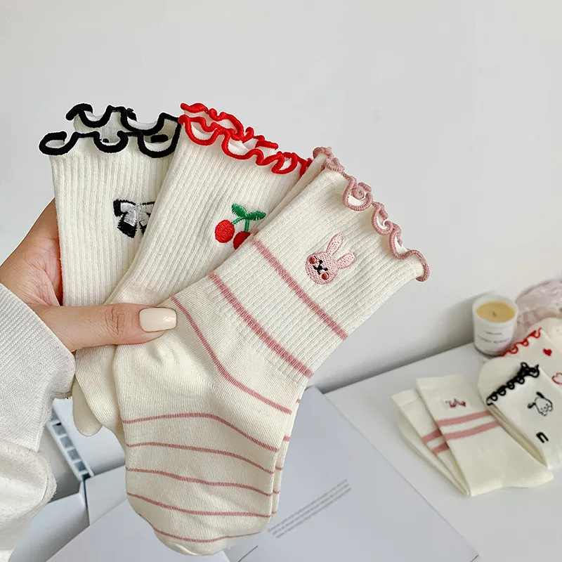 1/5 Paar Damensocken, japanische gekräuselte Kante, Cartoon-Stickerei, Kawaii, niedliche Mittelrohrsocken, bequeme hochwertige Baumwollsocken