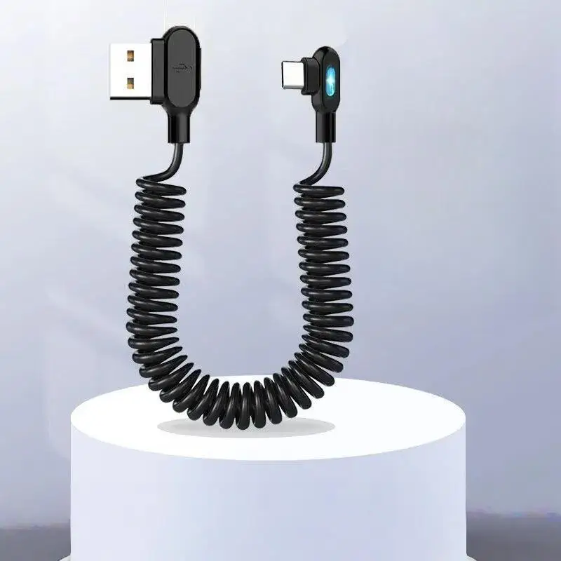 1Pcs Dual Right Angle Coiled USB C Cable 6A Fast Charging Glowing LED Light for Type C Phone Charger Cord