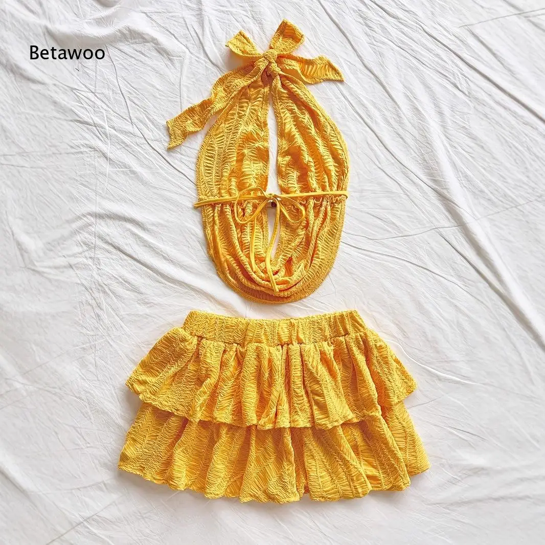 Smocked Halter Crop Top and Ruffle Skirt Co Ord Set