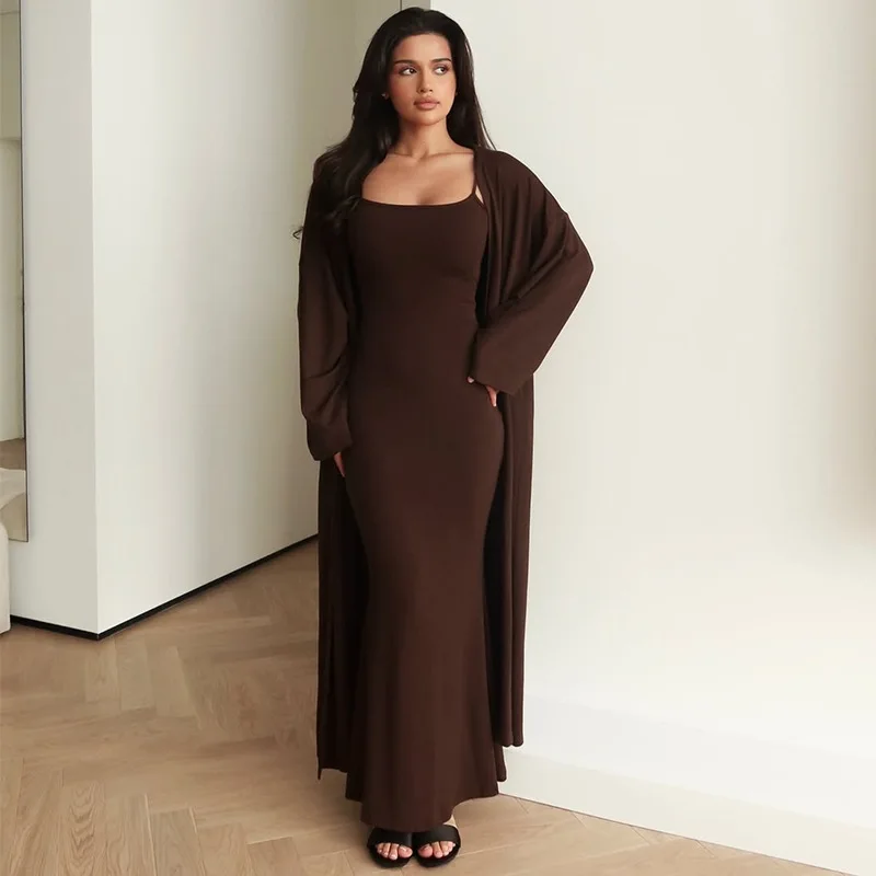 

Two Piece Sets Women Dress Set Full Sleeve Mid Length Coats Long Dresses High Waist Y2k Streetwear Elegant Casual Solid Autumn