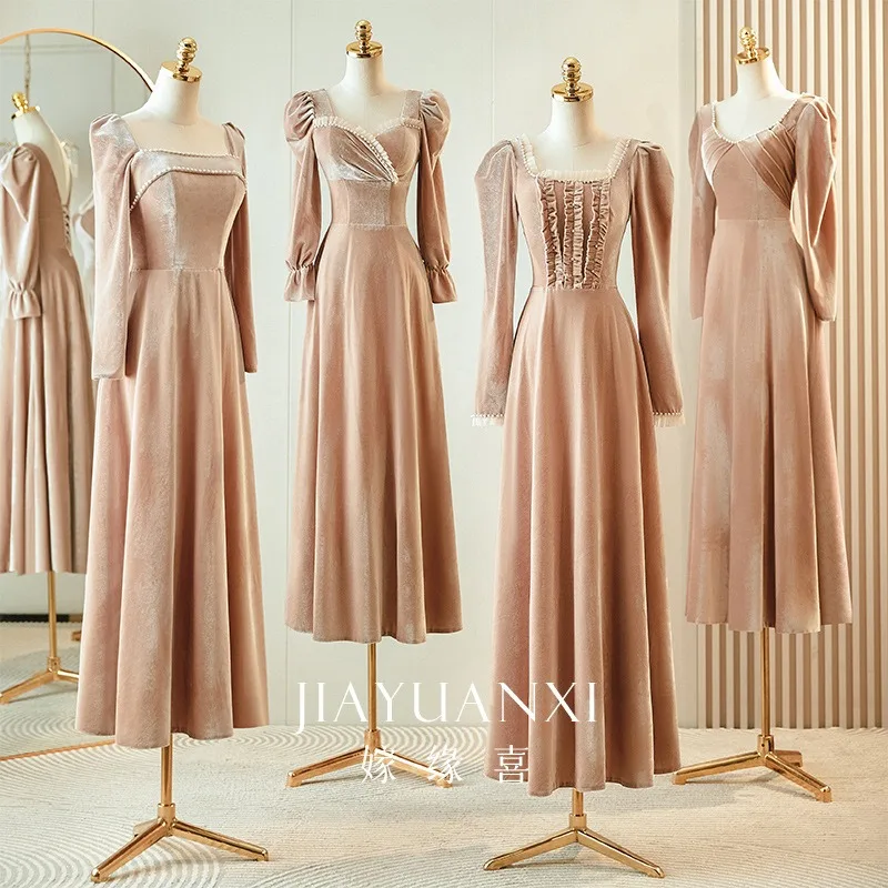 

Elegant V-Neck Satin Bridesmaid Dresses Long Sleeves A-Line Evening Party Cocktail Gown Bride Maid Dress Maid of Honor Dress