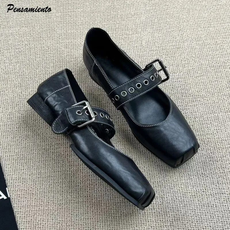 

Винтажные женские туфли-лодочки из мягкой кожи с квадратным носком, модные повседневные балетки Мэри Джейн для девочек на низком каблуке с заклепками и пряжкой