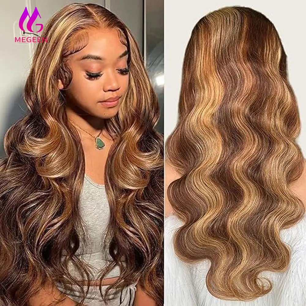 Megeen Highlight P4/27 Body Wave Wigs 13X4 Transparent Lace Front Wig Lace Frontal Wig Human Hair Honey Blonde Ombre Colored Wig