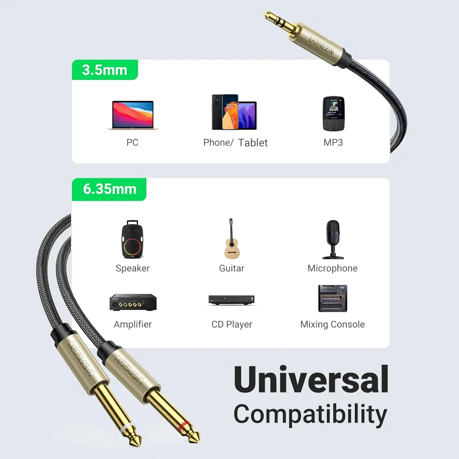 Ugreen 1/8 1/4 RCA Gold Plated PVC Jacket Stereo Cable Dual 6.35mm Mono Y Splitter Adapter for iPhone Sound Card Speakers