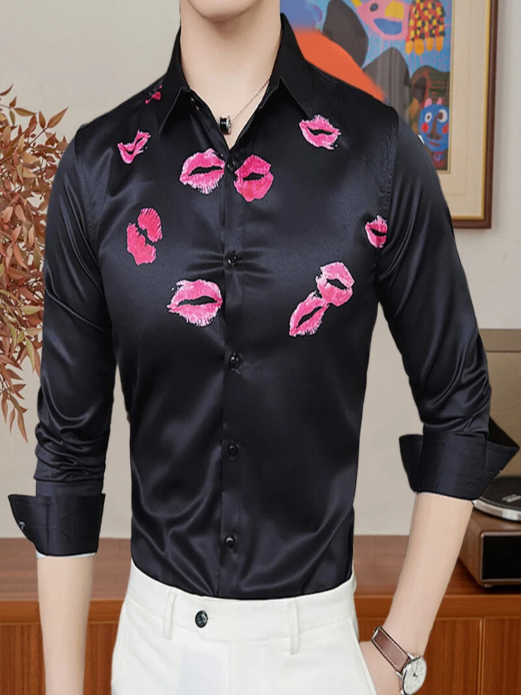 

Fashion Creativity Print Shirt Men Party Flower Camisa Hombre Street Long Sleeve For Korean Slim Fit