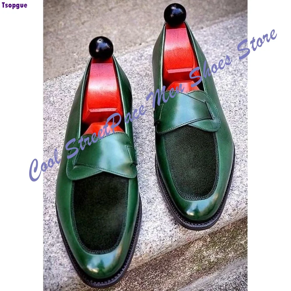 2026 Men Dark Green Two Tone Penny Loafers Leather Suede Spliced Slip On Flat Sole Vintage Business Wedding Formal Dress Shoes