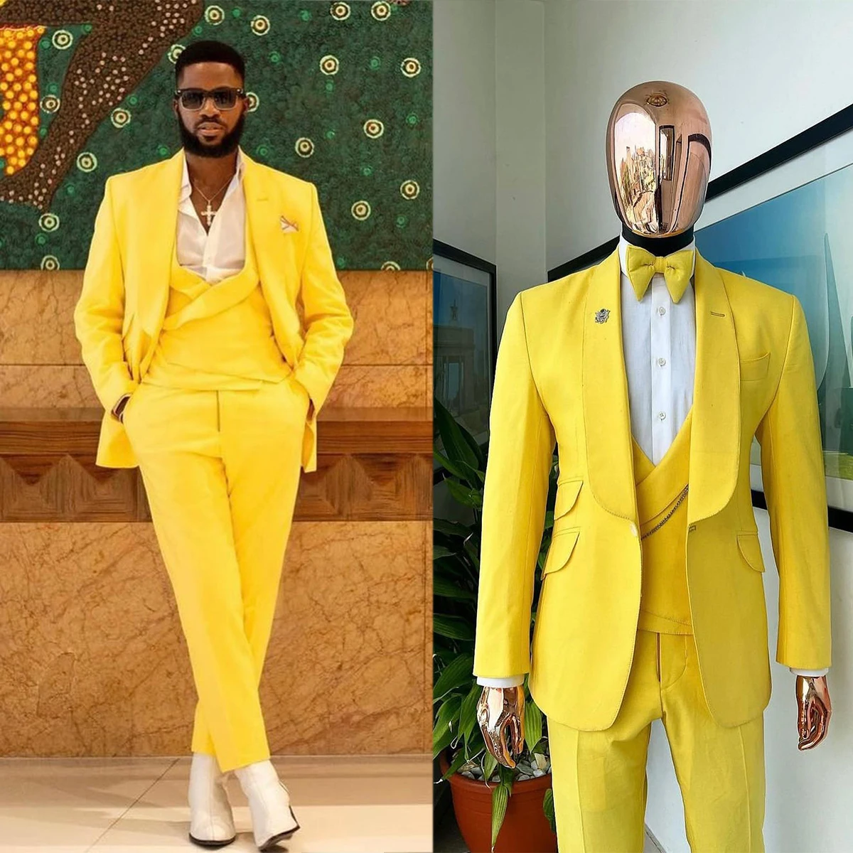 Yellow Men's Tuxedos 3 Pcs Wedding Groom Suits Shawl Lapel Blazer Vest And Pants Customized Prom Evenings Dinner Party Suits