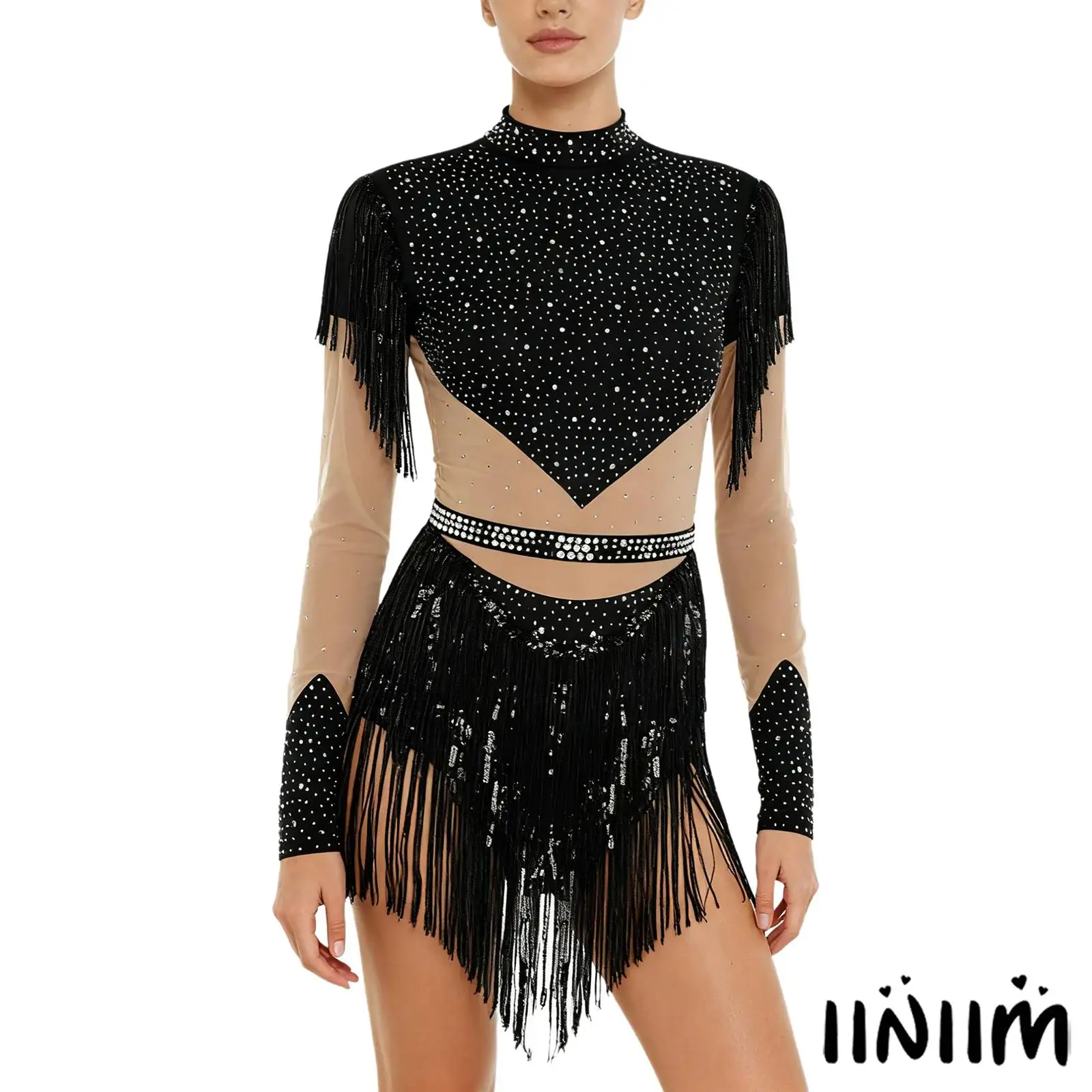 

Womens Lyrical Ballet Latin Dance Leotard Dress Sequin Long Sleeve Bodysuit Latin Chacha Dance Jumpsuit for Figure Skating Dance