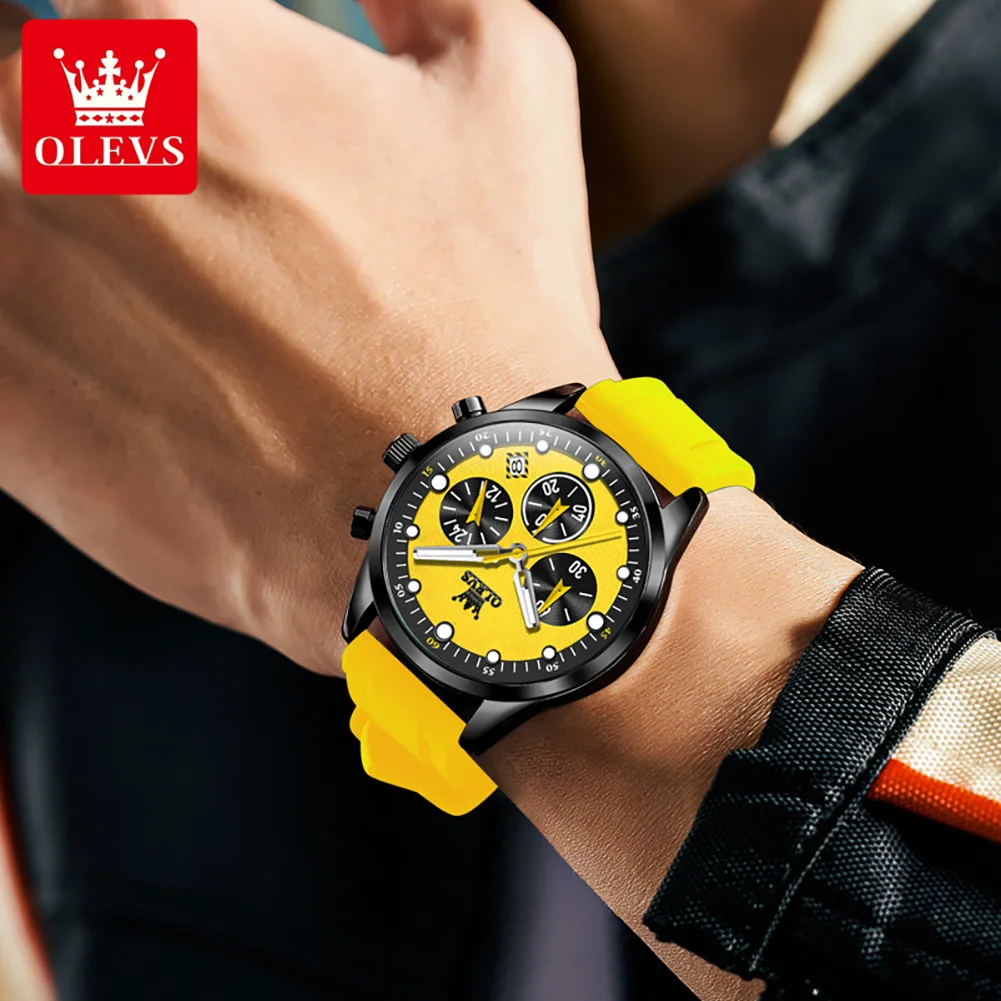 OLEVS Top Brand Original Fashion Men\'s Watches Multifunctional Silicone Adhesive Tape Quartz Watch Luminous Calendar Wristwatch