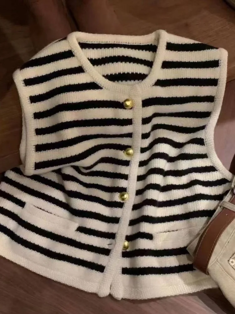 

Полосатый свитер в корейском стиле, жилеты, женские винтажные шикарные без рукавов, уличная мода, весна-осень, элегантный однобортный трикотаж