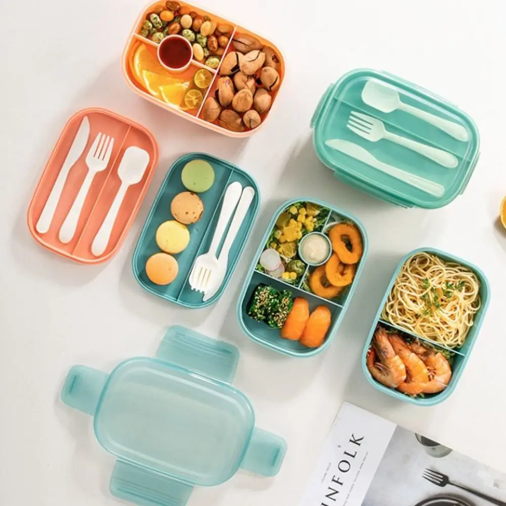 

3 Layer Student Lunchbox Heat Resistant with Utensil Salad Box with Sauce Container Leak-Proof Food Storage Box Children