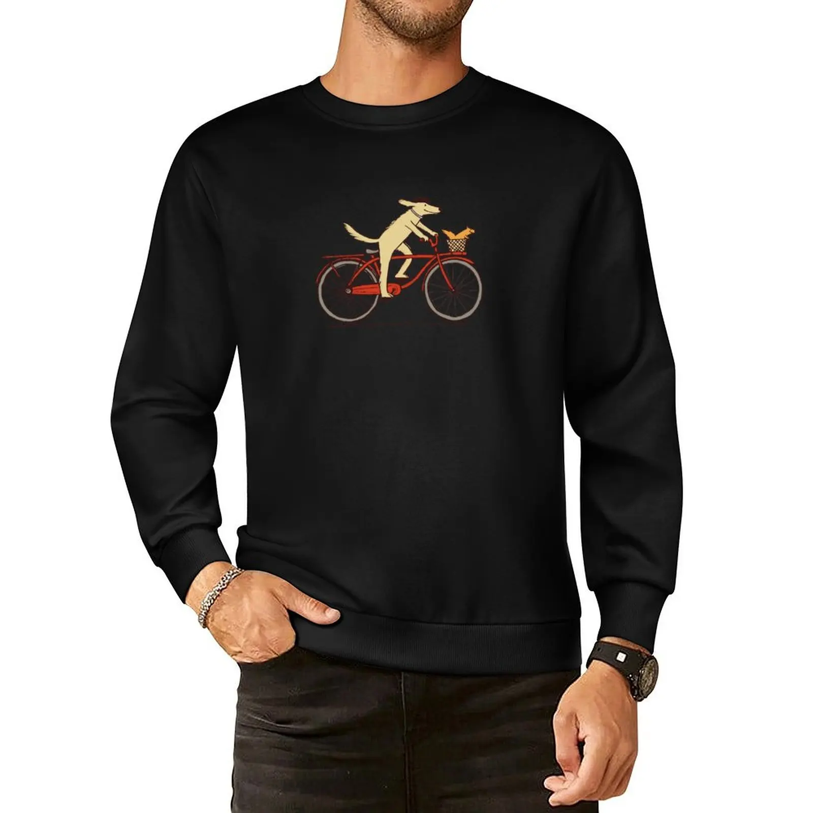 

Dog and Squirrel are Friends Whimsical Animal Art Dog Riding a Bicycle Pullover Hoodie korean autumn clothes sweatshirt male