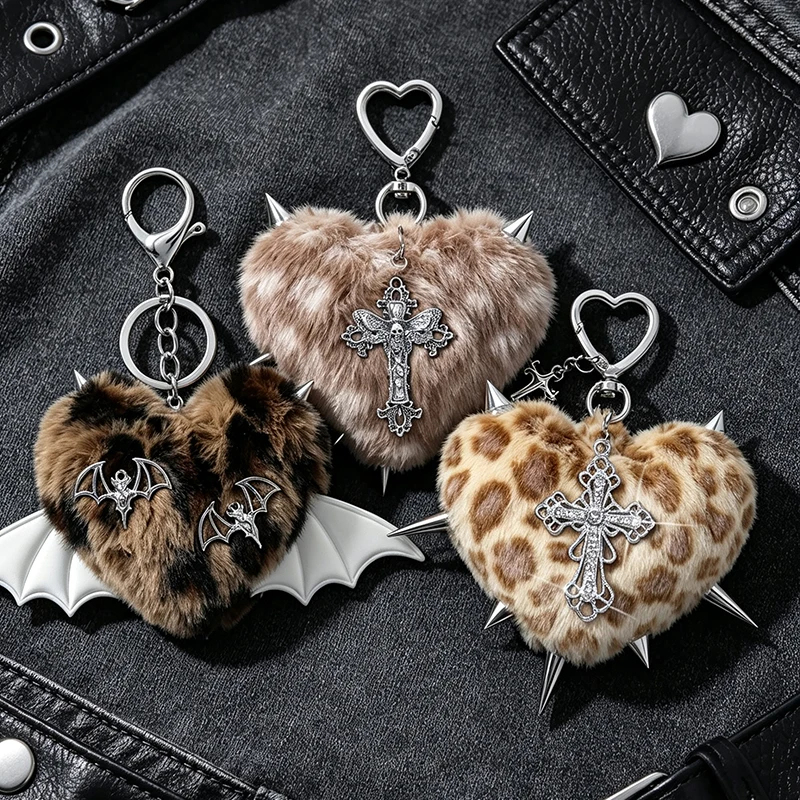 Leopard Pattern Fluffy Plush Bag Pendant Punk Cross Keychain Fashion Y2k Heart Shape Charm Cool Gothic Car Accessories