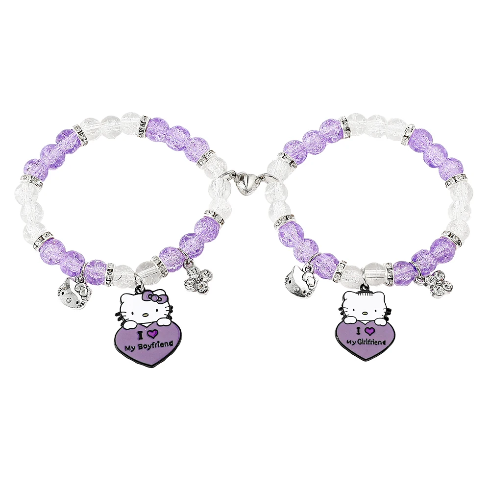 Sanrio Exquisite Cute Hello Kitty Bracelet for Men and Women, Purple Love Heart Bangle, Couple Jewelry Gifts