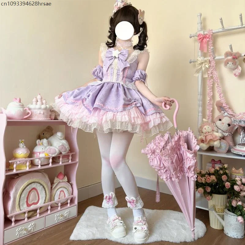 

2025Japanese Sweet Lolita Jsk Dress Women Harajuku Kawaii Star Bowknot Lace Ruffles Party Dresses Cute Girls Y2k Slim Mini Dress