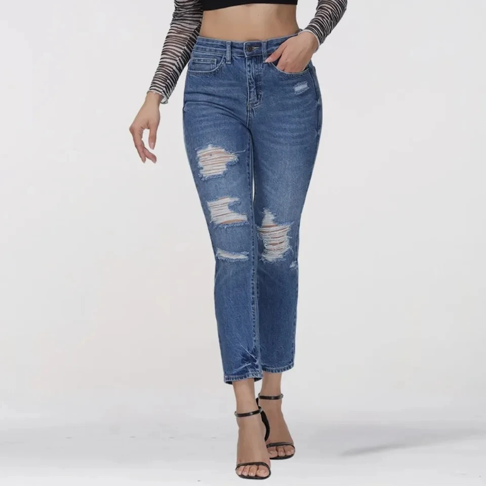 Ripped Jeans Women Fashionable Distressed High Waisted Straight Pants, Spring New Style
