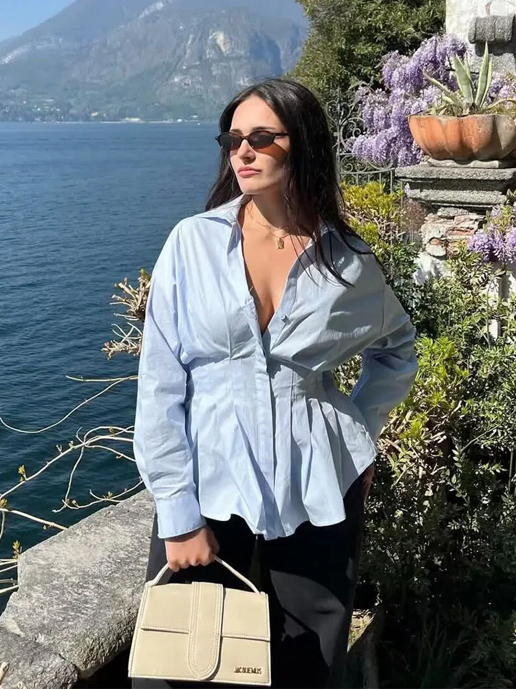 

Women Spring Fashion Solid Color Slim Shirts Tops Women Chic Laple Single-breasted Full Sleeve Holiday Office Leisure Shirts