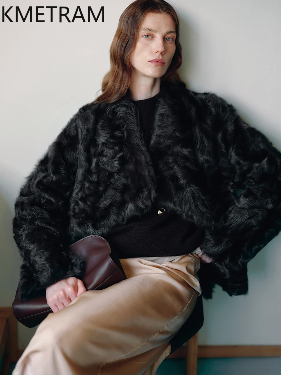 내추럴 샤오후 양털 양피 양면 퍼 재킷 여성 라펠 리얼 퍼 코트 2025 겨울 의류 럭셔리 퍼리 재킷