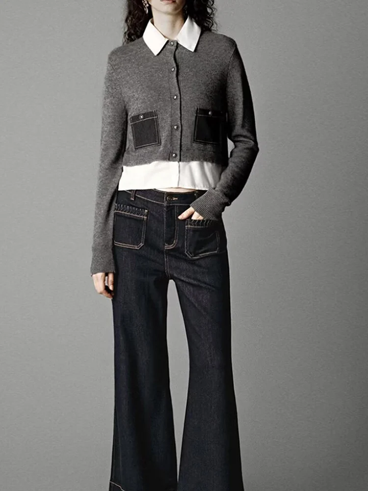 

European and American autumn new female temperament contrast color fake two-piece splicing short knitted cardigan