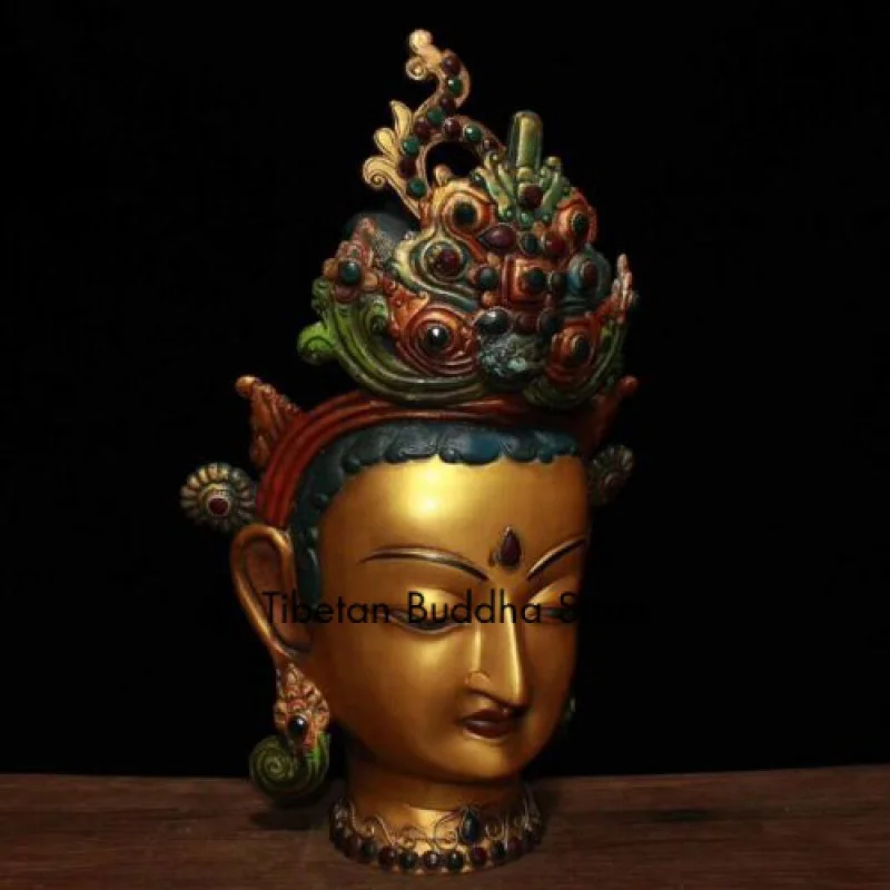 Rare Chinese Bronze Inlay Turquoise Tara Buddha Goddess Head Mask Mask Statue