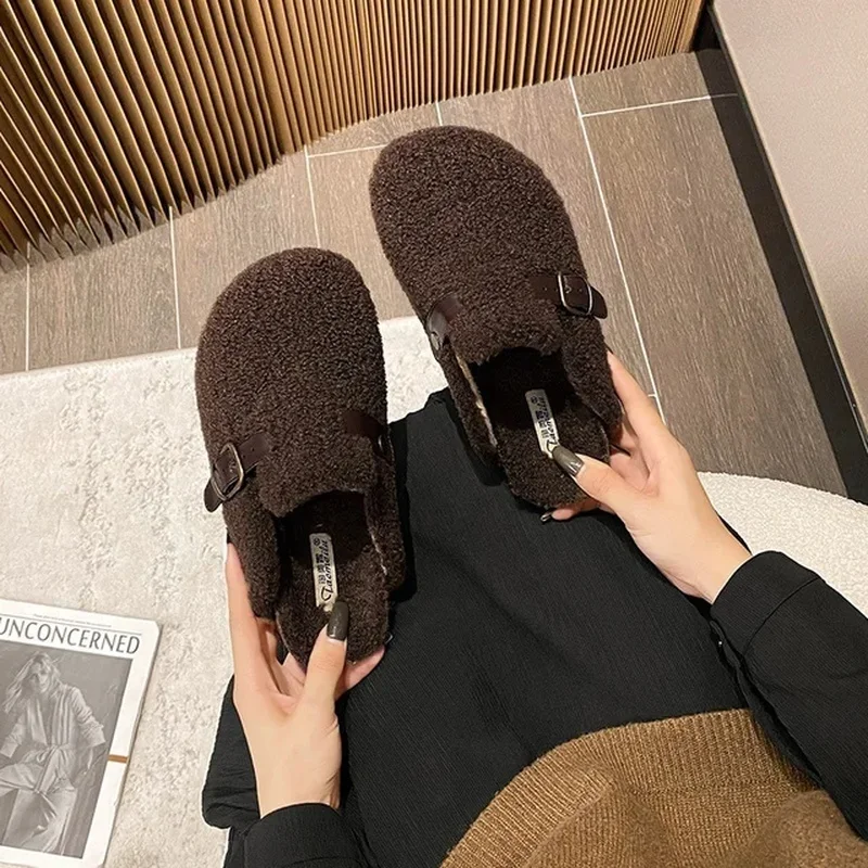 High Quality Lamb fur slippers women round toe buckle belt plush pantuflas female cork winter slides shoes woman furry slippers