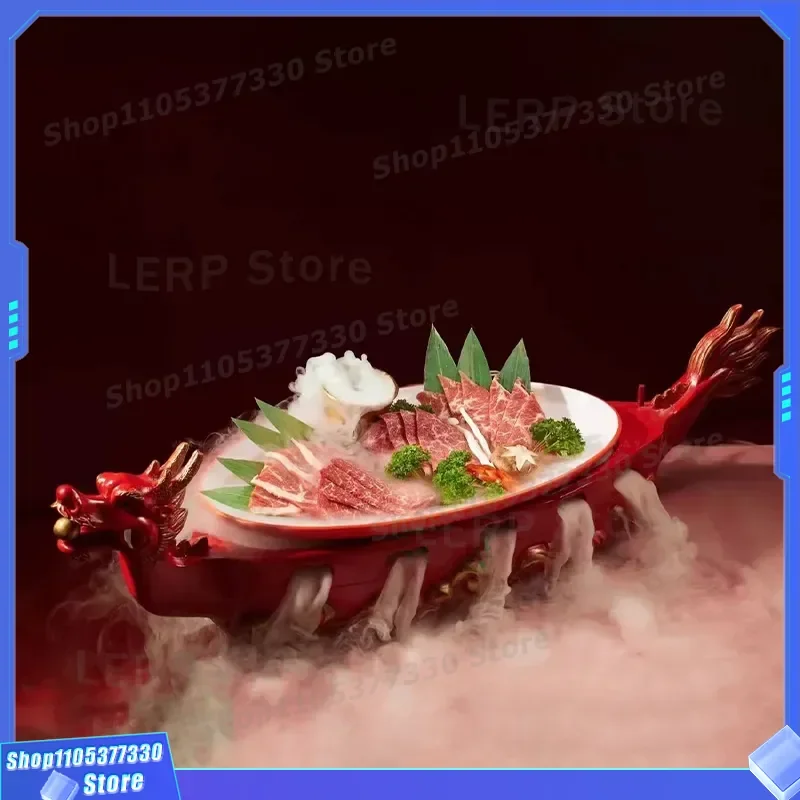 Creative Red Dragon Boat Shaped Plate for Hot Pot Restaurant Sashimi Serving Dish with Dry Ice Smoke Effect Unique Tableware