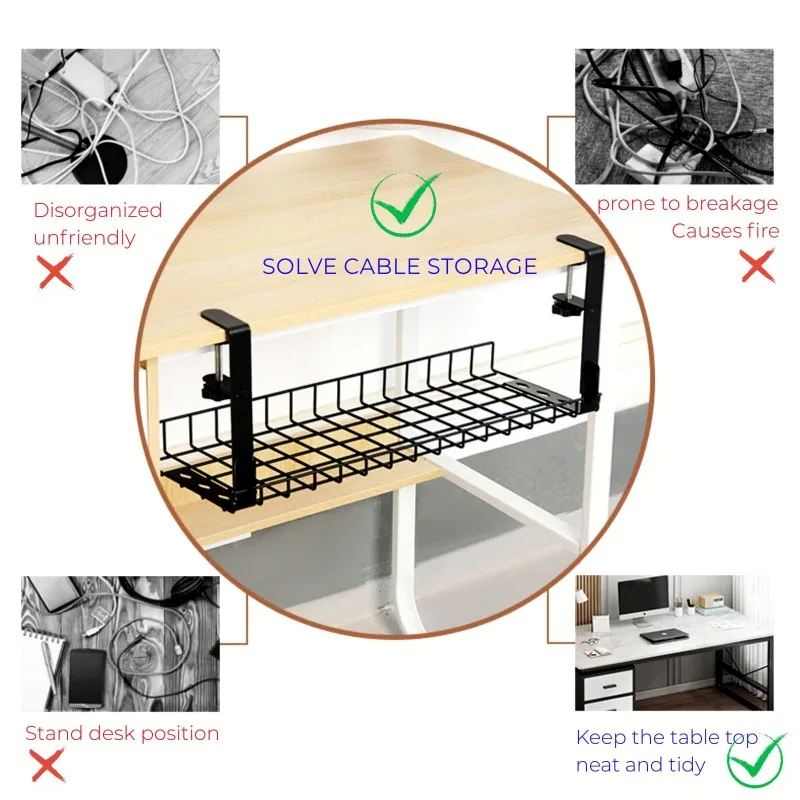 Under Table Storage Rack Metal Cable Management Tray Hanging Desktop Wire Organizer Basket No Punching Home and Office Supplies