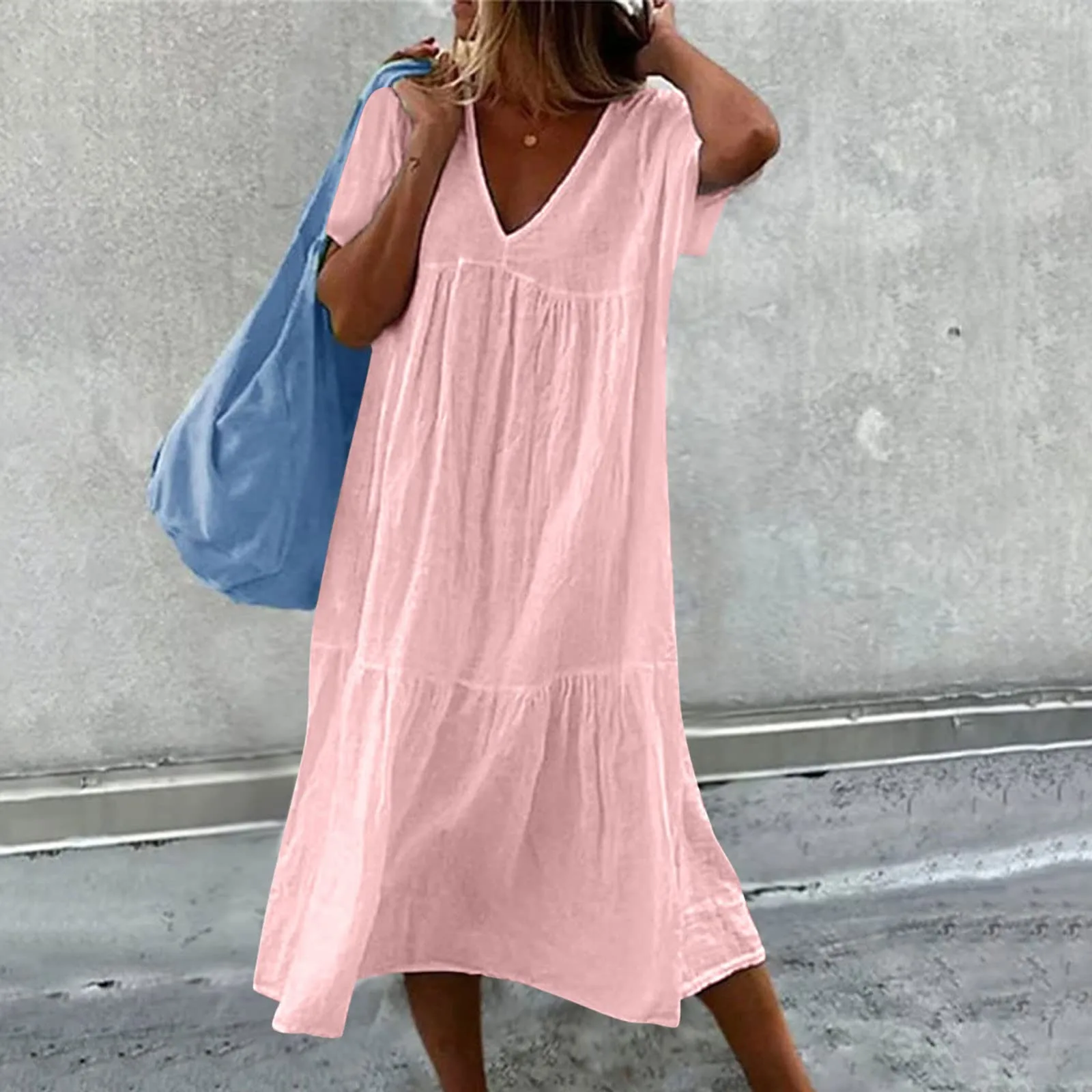 

Solid Color Summer Casual Thin Dresses for Women Fahion Short Sleeve V-neck Loose Bohemian Dress Beach Vacation Tunic Maxi Dress