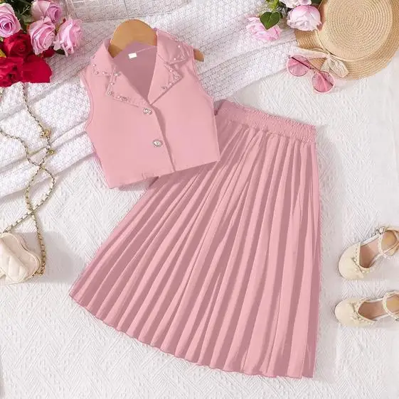 2-7Y Fashion Girl Summer 2PCS Skirt Outfit Sleeveless Lapel Beaded Tank Tops A-line Pleated Skirt Children's Sets
