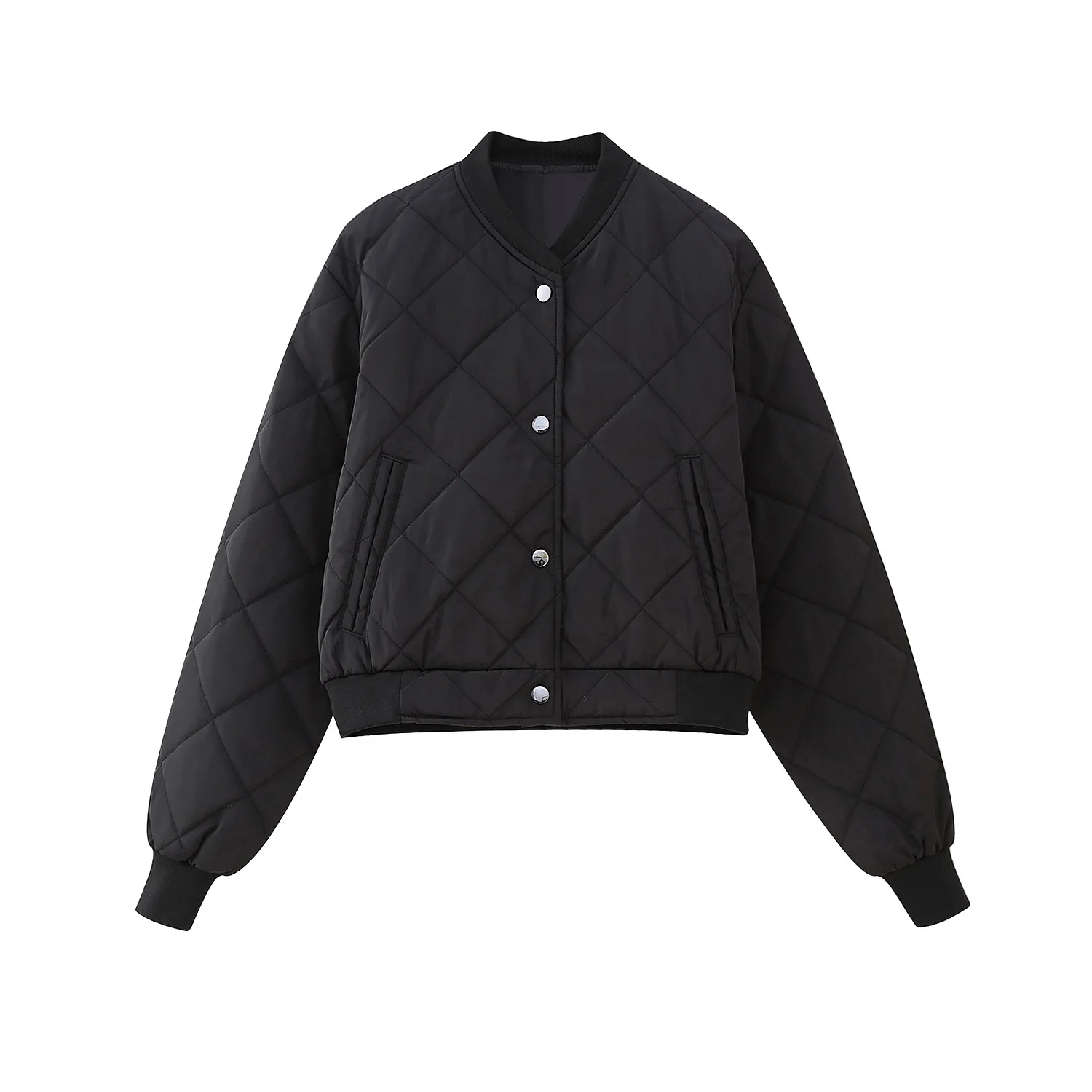 Autumn and winter European and American casual fashion diamond pattern quilted short pure color cotton jacket pilot jacket coat