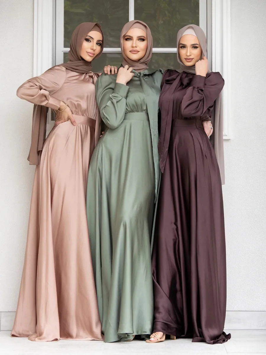 Vestido largo de satén para mujer, Hijab Abaya modesto de Dubái, Túnica islámica de Ramadán, caftán Formal de noche, moda musulmana para graduación