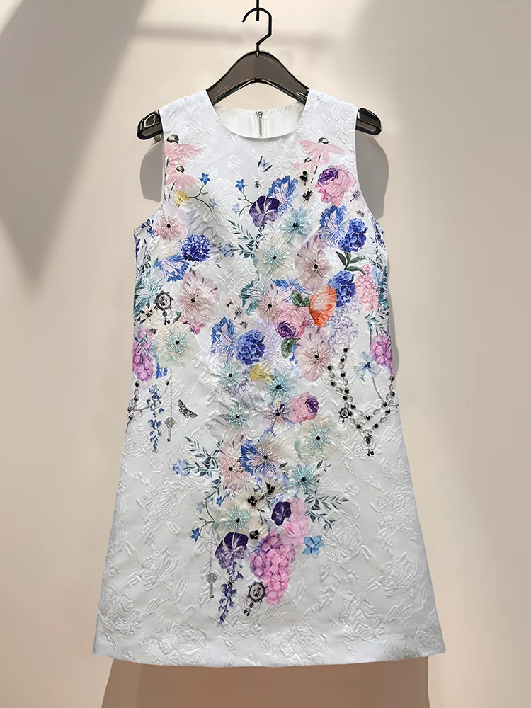 Chinese Style Heavy Industry Bead Diamond Print Party Dress Round Neck Sleeveless Elegant Socialite Tank Mini Dress Women Summer