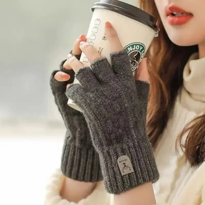 Guantes de punto para hombre y mujer, manoplas térmicas de medio dedo, gruesas de lana, sin dedos, para pantalla táctil, Invierno