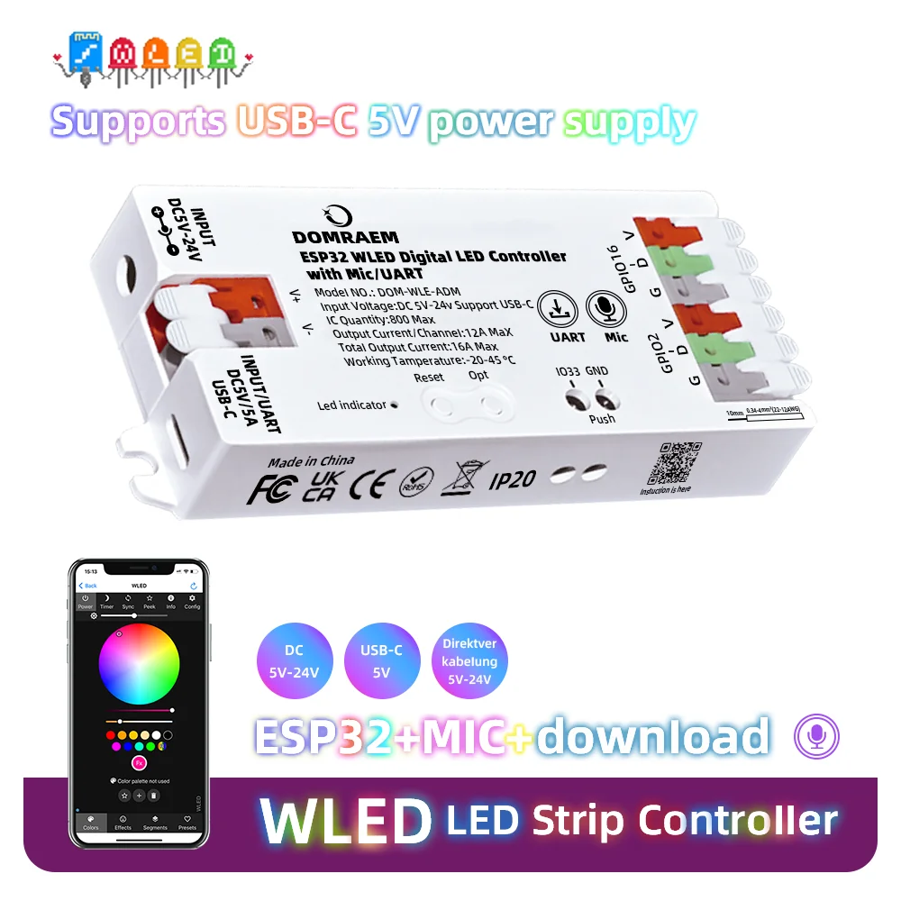 DOMRAEM ESP32 USB-C WLED Addressabl LED Strip Controller with Music Mic & UART (~0.5W standby).RGB IC Works with MQTT, HA, Alexa