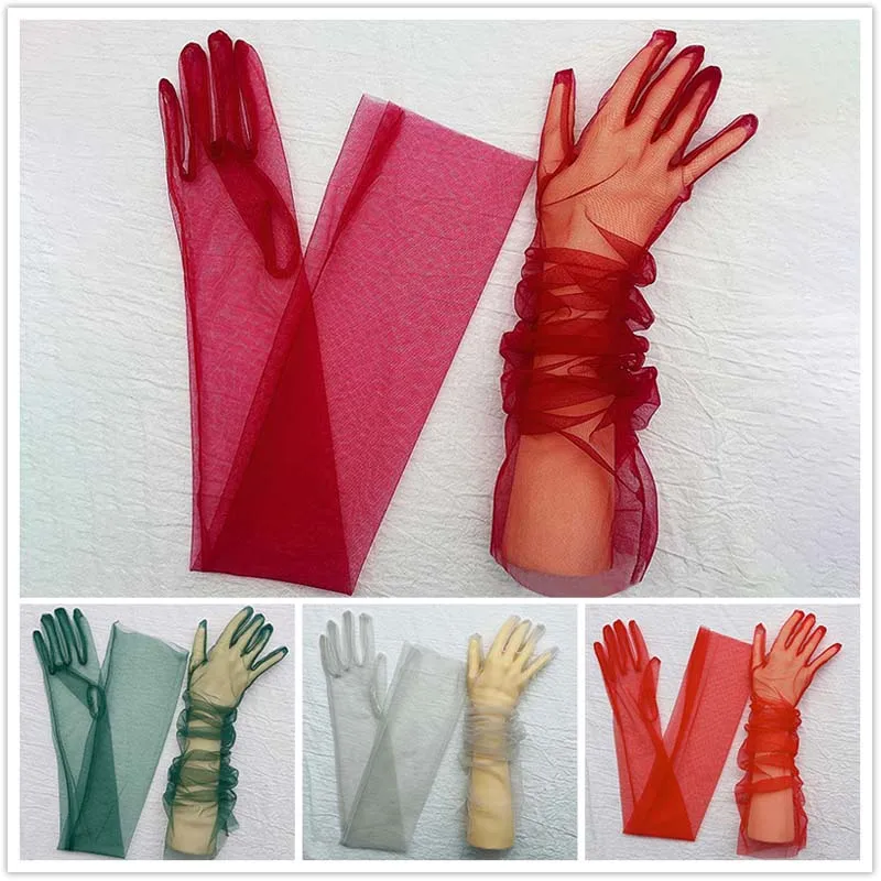 1 Pair Long Sheer Tulle Gloves Women Ultra Thin Stretchy Full Finger Mittens Mesh Wedding Bride Gloves Halloween Accessories