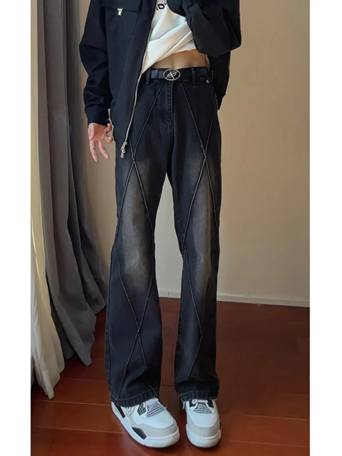 

Мужские джинсы-клеш в стиле пэчворк, весна-осень, модные, с оригинальным дизайном, приталенные, прямые штанины...