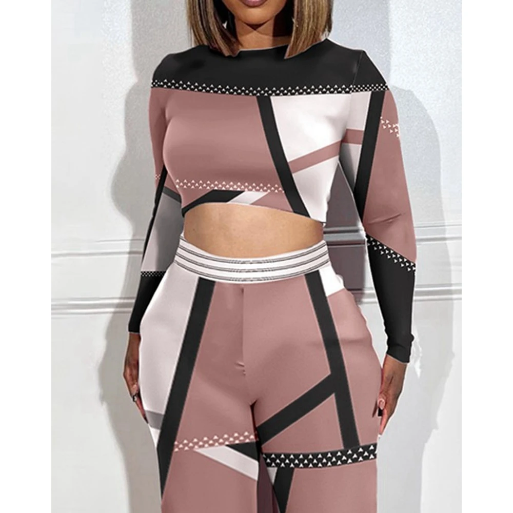 Casual Women Geometric Colorblock Print Long Sleeve Cropped Top & High Waist Pants Set Femme Oversized Two-Piece Sets Outfits