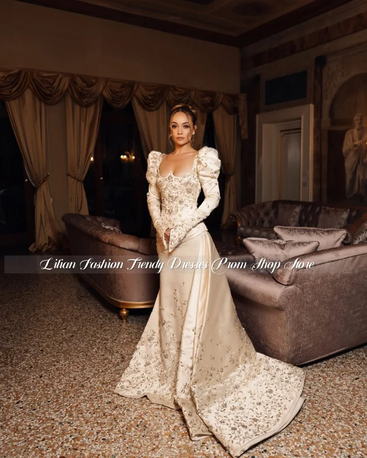 Customized Champagne Mermaid Wedding Dress Puff Long Sleeves Beaded Floral Embroidery Bridal Gown