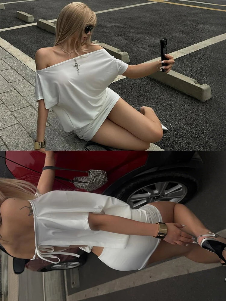 

Whatiwear 2-Piece Set Women Summer Trend Classic Backless Bandage Slash Neck t-Shirt+Simple Mini Skirt Chic Elegant Solid Suits