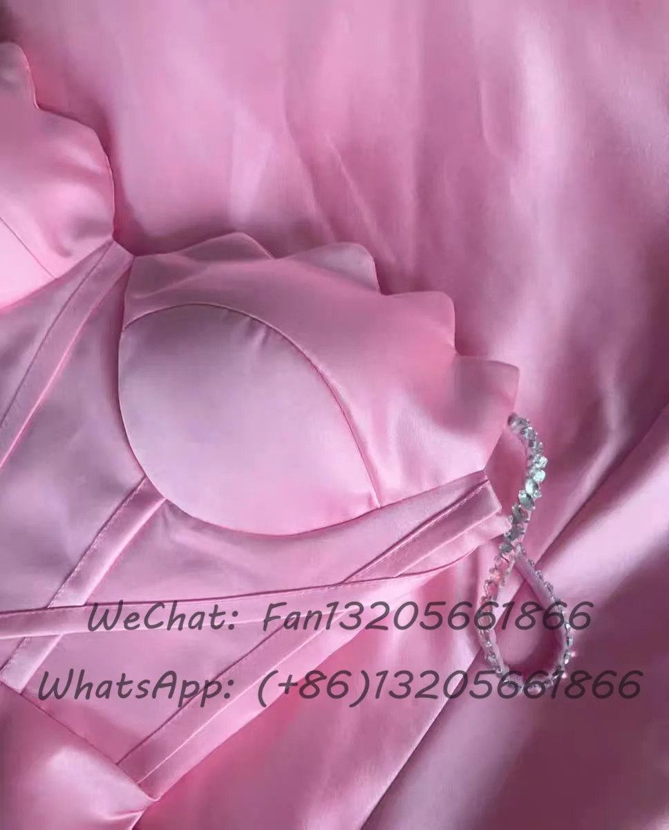 Sexy High Slit A Line Prom Dresses Pink Satin Backless Fashion Women Evening Dress Custom Made Wedding Guest Gown